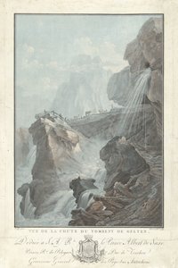 Vista sulla cascata di Gelten Vue de la Chute du Torrent de Gelten Vues remarquables des montagnes de la Suisse da Charles Melchior Descourtis