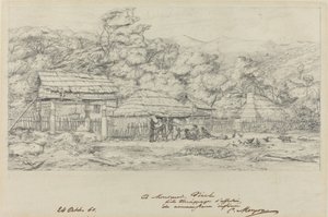 Granai indigeni e abitazioni ad Akaroa, penisola di Banks da Charles Meryon