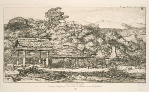 Granai indigeni e abitazioni ad Akaroa, penisola di Banks, illustrazione da 