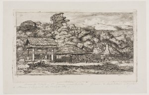 Granai e capanne dei nativi ad Akaroa, penisola di Banks, 1845 da Charles Meryon