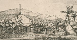 Nuova Caledonia, Nouvelle Calédonie: grande casa indigena sul sentiero di ballata a Poepo, illustrazione da "Incisione del Pacifico...", 1863 da Charles Meryon