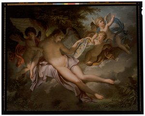 Cupido piange per la perdita di Psiche, il cui ritratto tiene in mano da Charles Meynier