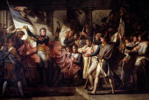 Il maresciallo Michel Ney consegna ai soldati del 76º reggimento di linea le loro bandiere trovate il 7/11/1805
