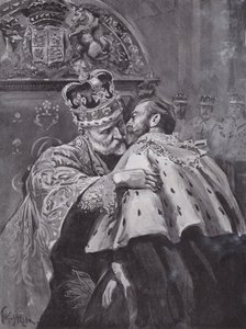 Re Edoardo VII che abbraccia suo figlio, il Principe di Galles, all