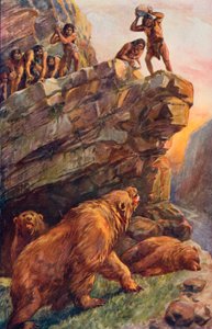 Uomini preistorici che attaccano i grandi orsi delle caverne da Charles Mills Sheldon