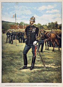 Il Reggimento dei Pompieri ha la rivista Longchamps (Ritratto del Colonnello Couston), illustrazione di Charles Morel (1861-1908). Incisione del 1887 in "Paris-Illustrous journal weekly" da Charles Morel
