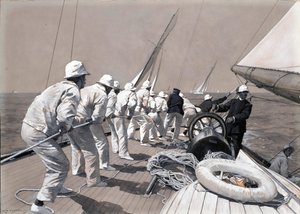 Issamento della vela principale a bordo della Brynhild, imbarcazione da regata vincitrice della Coppa del Re. Disegno e lavaggio (37,4x46,1 cm) di Charles M. Padday () , inizio XX secolo.