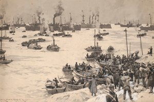Sbarco delle truppe giapponesi in Corea nel 1905. Disegno e lavaggio (30,1x45,6 cm) di Charles M. Padday () , inizio XX secolo.