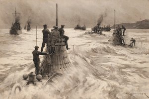 Nuovi sottomarini britannici lasciano Milford Haven (Inghilterra) per entrare in azione. Disegno e lavaggio (30,4x45,5 cm) di Charles M. Padday () , inizio XX secolo.