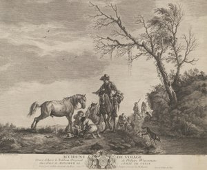 Un incidente durante il viaggio, un uomo inginocchiato che ripara una sella rotta, un cavallo che urina, 1740-50