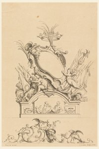Progetto per cartiglio con corona, due putti che servono Bacco e due leoni da "Cartouches Nouvellement Inventez" da Charles Nicolas Cochin the younger