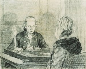 Una coppia seduta, la signora vista da dietro, che gioca a backgammon alla luce delle candele