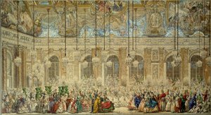 Ballo in maschera o ballo degli Ifs per il matrimonio di Luigi Delfino di Francia (1729-1765) con Maria Teresa di Spagna nella Galleria degli Specchi a Versailles nel febbraio 1745 Disegno a penna e inchiostro di Charles Nicolas Cochin il Giovane