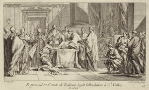 Raimondo VI, conte di Tolosa, si umilia nella chiesa di St Gilles per ottenere la revoca della scomunica da Charles Nicolas II Cochin