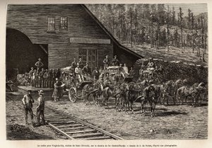 La stazione di Reno, per prendere il biglietto per Virginia City (Nevada), sulla Central Pacific Railway (Central Pacific), inciso dal disegno di O. de Penne, illustrante il viaggio da Washington a San Francisco, nel 1868, di L. Simonin, pubblicato in "Le  da Charles Oliver de Penne