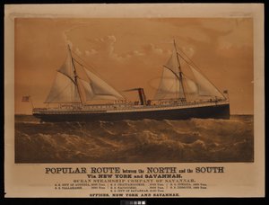 Percorso popolare tra il Nord e il Sud via New York e Savannah, Ocean Steamship Company of Savannah... Città di Augusta... (litografia, colorata) da Charles Parsons