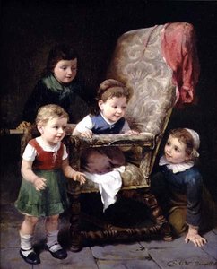 Bambini che giocano intorno a una sedia da Charles Petit