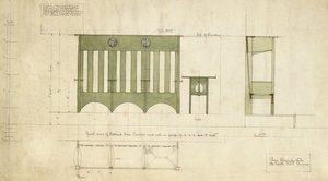 Progetto per panche e un tavolo, mostrato in elevazione e sezione da Charles Rennie Mackintosh