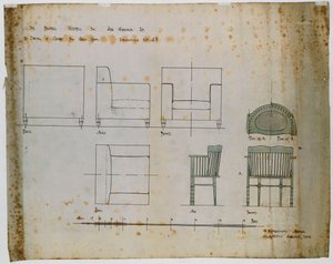 Progetti per una sedia imbottita e una sedia a fuso mostrati in elevazione e piani da Charles Rennie Mackintosh