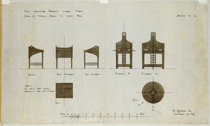 Progetti per scrivanie mostrate in elevazioni frontali e laterali, per le Ingram Street Tea Rooms, 1909 da Charles Rennie Mackintosh