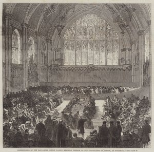 Presentazione della Finestra Commemorativa della Carestia del Cotone del Lancashire alla Corporazione di Londra, alla Guildhall da Sir John Charles Robinson