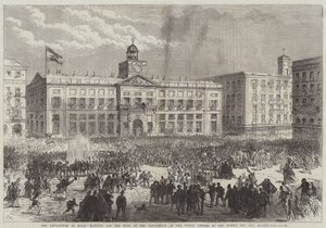 La rivoluzione in Spagna, issare la bandiera della rivoluzione negli uffici pubblici della Puerta del Sol, Madrid