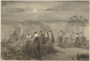 Compagnia di dame e signori in un cortile illuminato dalla luna con cespugli di rose da Charles Rochussen