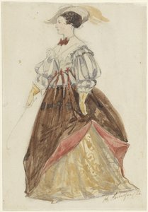 Donna in costume ricco, con cappello e frusta in mano da Charles Rochussen