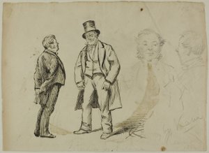 Schizzo di due uomini in piedi e due ritratti da Charles Samuel Keene