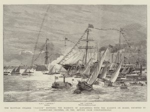 Il Vapore Egiziano Fayoum entra nel Porto di Alessandria con a bordo il Chedivè, scortato da Incrociatori della Guardia Costiera, al Ritorno da Costantinopoli da Charles William Wyllie