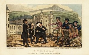 Un muratore scozzese informa i turisti inglesi che la loro antica spada falchion arrugginita è una lama moderna di Andrea Ferrara davanti al Palazzo di Holyrood, Edimburgo