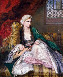 Orientalismo: "Bellezza orientale" europea con turbante e veli (stile turco) sdraiata con uno strumento musicale. Dipinto di Charles Wynne Nicholls (1831-1903) (preraffaellita) 1865