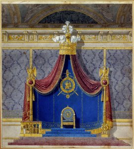 Arte Francia: Il trono di Napoleone I al Palazzo delle Tuileries creato da Charles Percier (1764-1838) e Pierre François Léonard Fontaine (1762-1853), architetti e decoratori francesi. Collezione privata