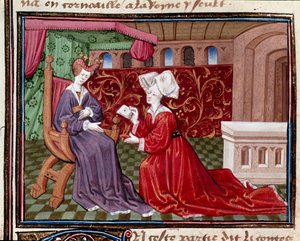 Una ancella porta una lettera alla regina Iseut (o Isult). Miniatura tratta da 