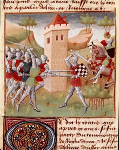 Lancillotto del Lago combatte dei cavalieri, miniatura tratta da 
