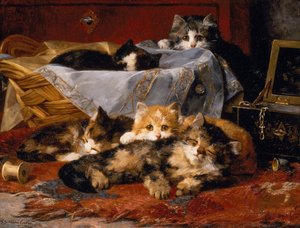 Gattini vicino a un cestino da cucito da Charles van den Eycken