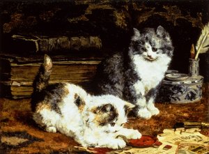 Due gattini che giocano su una scrivania da Charles van den Eycken