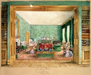 Il salotto a Meesdenbury, f13 da Un Album di Interni, 1843 da Charlotte Bosanquet