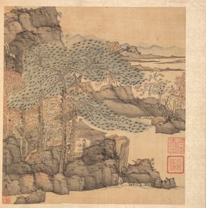 Dipinti dopo i maestri antichi: Studioso che legge in una capanna di paglia vicino a una cascata, 1598-1652 da Chen Hongshou