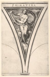 Primavera rappresentata come una donna che porta un drappo ondeggiante e ghirlande da Cherubino Alberti