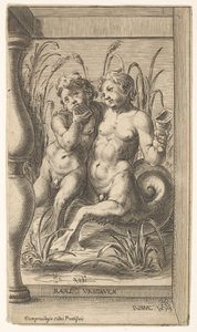 Due tritoni che si abbracciano, uno suona un flauto di Pan, il secondo tiene una conchiglia, 1579 da Cherubino Alberti