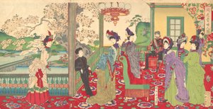 Una gara di eleganti signore tra i fiori di ciliegio, settembre 1887 da Chikanobu Yoshu