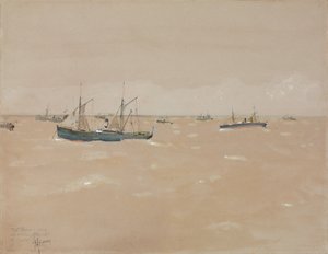 Vaporetti della frutta affrontano una tempesta, al largo della costa della Spagna da Childe Frederick Hassam