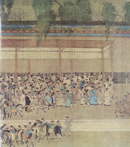 Antichi cinesi in attesa dei risultati degli esami, facsimile di rotolo cinese originale