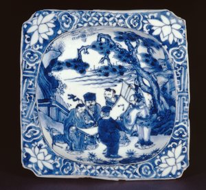 Piatto quadrato kosometsuke blu e bianco dipinto con Shoulao e altri immortali, Tianqi, 1621-27 (porcellana)