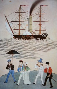 Dipinto cinese della prima nave a vapore britannica e passeggeri a Canton c.1840 da Chinese School