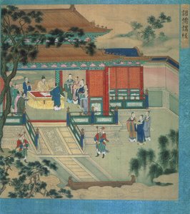 Imperatore Hsien Ti (fl.189-220) con studiosi che traducono testi classici, da una storia degli imperatori cinesi da Chinese School