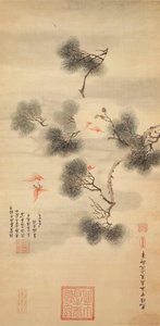 Cinque pipistrelli tra un ramo di pino, 1844 da Chinese School
