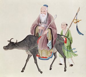 Lao-Tzu (c.604-531) sul suo bufalo, seguito da un discepolo da Chinese School