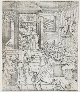 Lazzaro alla casa del ricco, tavola da Tianzhu jiangsheng zhuxiang jingjie di Giulio Aleni (Una storia illustrata del Signore del Cielo che si è incarnato nella carne), Chiesa di Jinjiang, Fu da Chinese School
